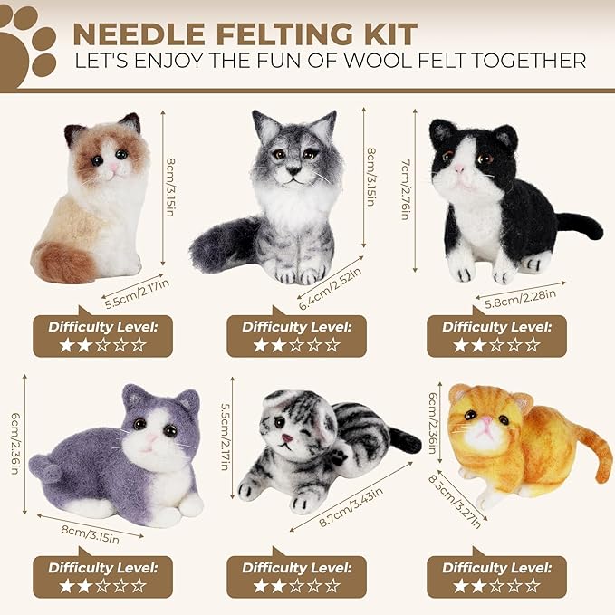 MOREJMTT Needle Felting Kit, 6 PCS Animal Needle Felting Beginner Kits, Wool Felt Needle Felting Tools Foam Pad, Craft Party Supplies for Beginners Adult(Cat Family)