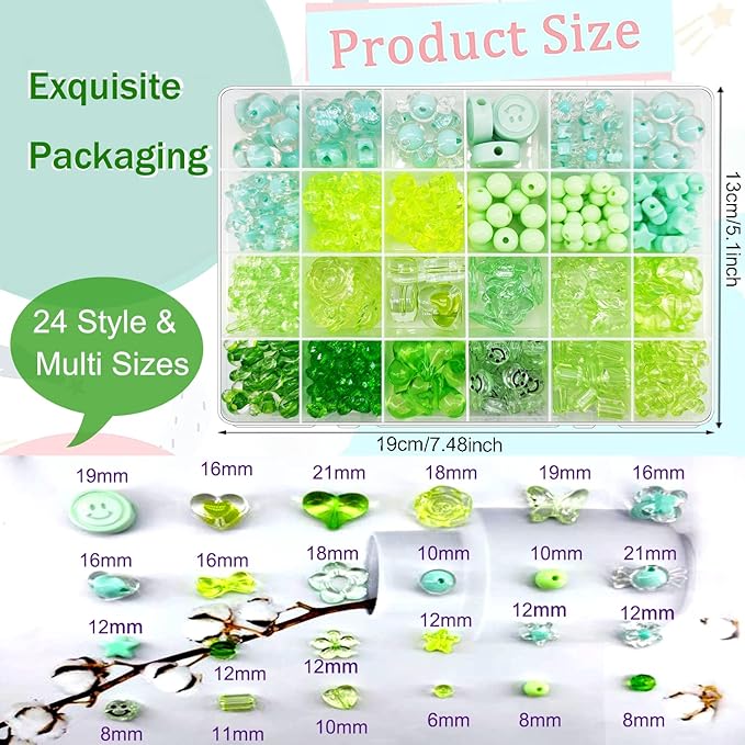 450pcs Acrylic Green Assorted Beads: Flower, Heart, Star, Butterfly, Smile Face, Mickey, Pastel; Bulk for Bracelets, Jewelry Making, Phone Charm Crafts