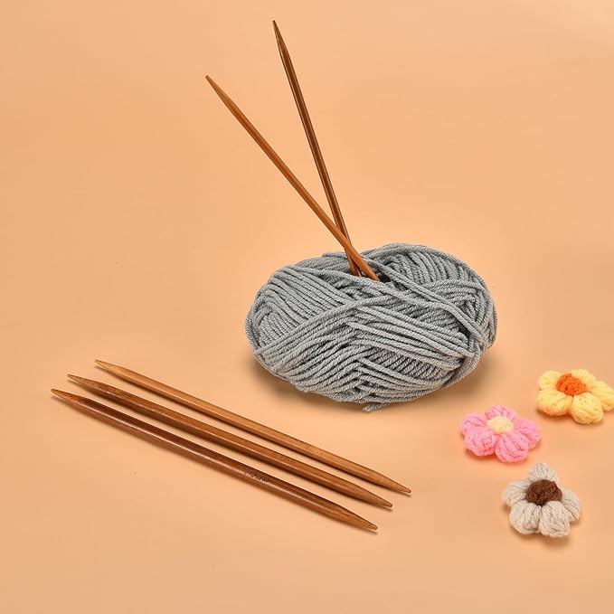 Double Pointed Knitting Needles Set,75 Pcs Wooden Bamboo Knitting Needles Kit,15 Sizes from 2.0mm-10.0mm,with Small Tools,Straight Wood Needles for Beginners,Making Sweater,Scarf,Sock,Weave