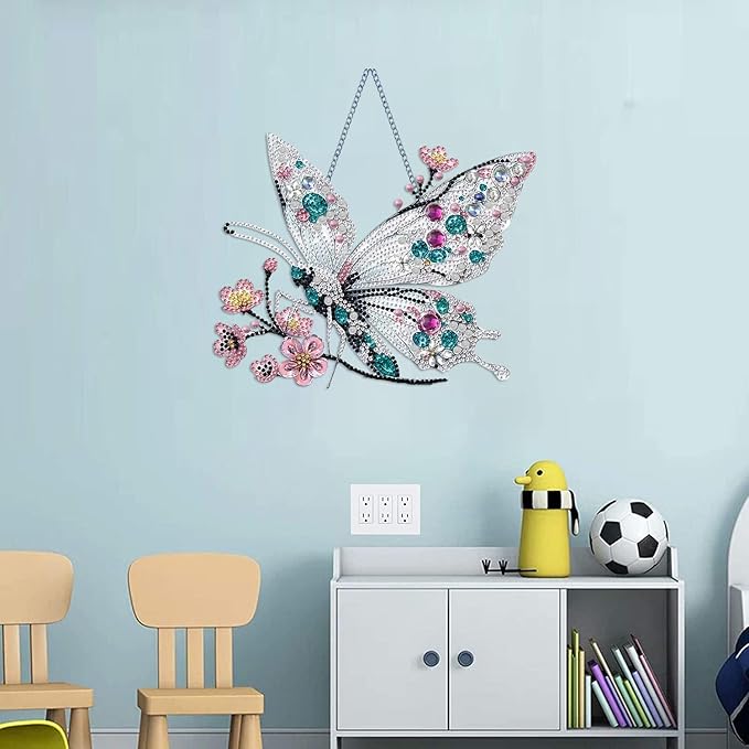STGLCR Hanging Diamond Art Kits for Adults Pendant Butterfly, Special Shaped Crystal DIY Diamond Painting Kit, Acrylic Board Flower Pendants Double Sided, Home Decor 9.64 Inch