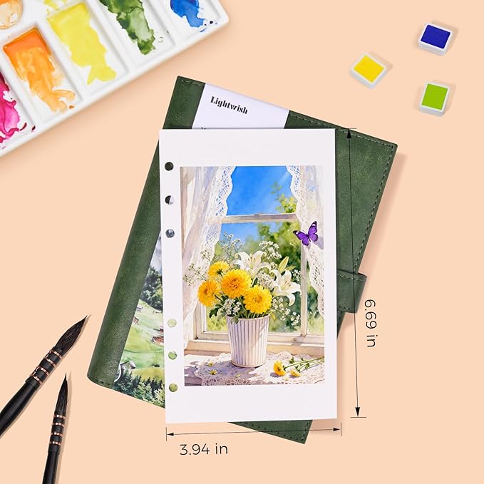 Lightwish Watercolor Sketchbook, 100% Cotton 300gsm Hot Press, 6.69" x 3.94", 20 Sheets, Binder Bound & Refillable, Acid Free Paper for Artists, Adults, Students, Travel Art Journal