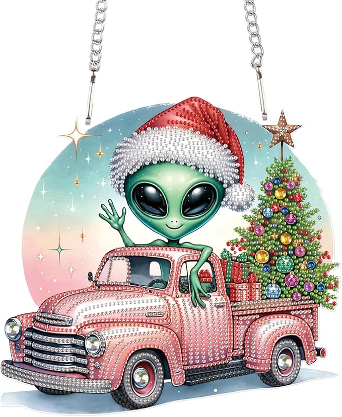 Alien Diamond Painting Hanging Ornament Kit, 5D DIY Christmas Truck & Tree Pendant Decoration with Santa Hat, Crystal Diamond Art Kit for Adults Home Wall Door Window Xmas Decor (24.1x22.6cm)