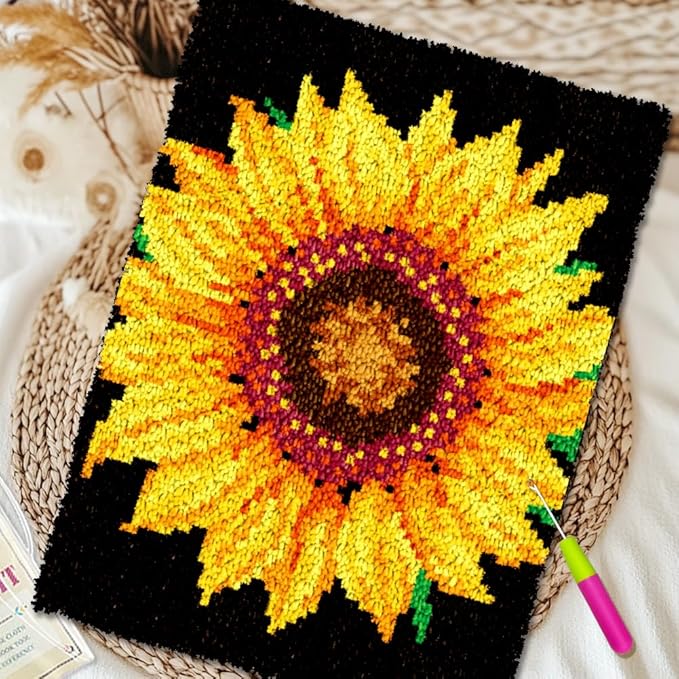 ORIGACH Sunflower Latch Hook Rug Kits, Color Stamped Grid Cloth Handmade Rug, Pattern Printed Carpet Kit, DIY Crochet Rug for Adults Home Decoration Festival Gifts 52 x 38 cm