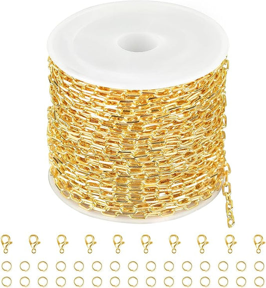 Jabogrii 10 Meters Gold Soldered Jewelry Making Chains Paperclip Brass Chain Bulk Necklace Bracelet DIY Craft Chain for Jewelry Making