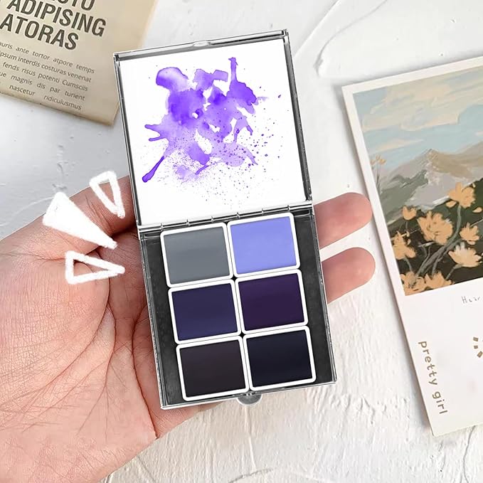 Mini Portable 6-Color Solid Watercolor Paint Set for Adults & Artists, High Tinting Strength Travel Art Kit for Beginners and Professionals, Half Pans (Each Capacity Approx 1.5ml).Purple Series
