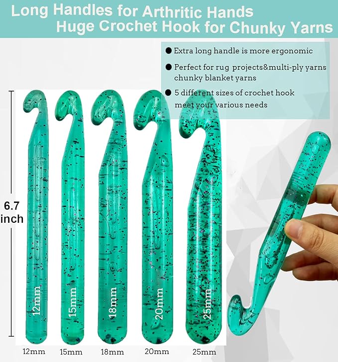 Weabetfu 25mm Large Crochet Hook,Huge Crochet Hooks for Chunky Yarn,Ergonomic Knitting Giant Crochet Needles,Big Crochet Hooks for Knitting Yarn Carpet Scarf Wool Roving, Green