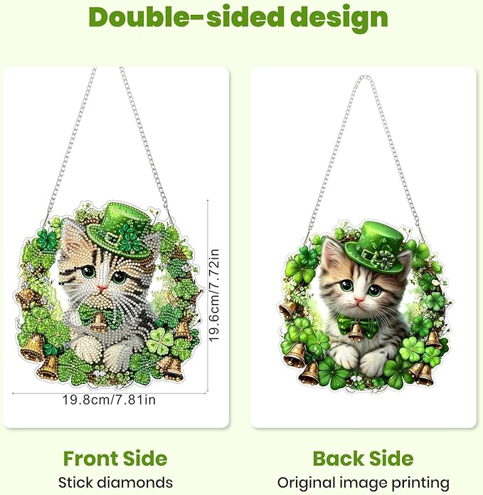 MXJSUA St. Patrick's Day Cat Diamond Art Hanging Kits for Adults Beginners, Crystal Diamond Suncatchers, Special Shape Diamond Painting Pendant Window Ornament Gifts for Home Garden Door Wall Decor