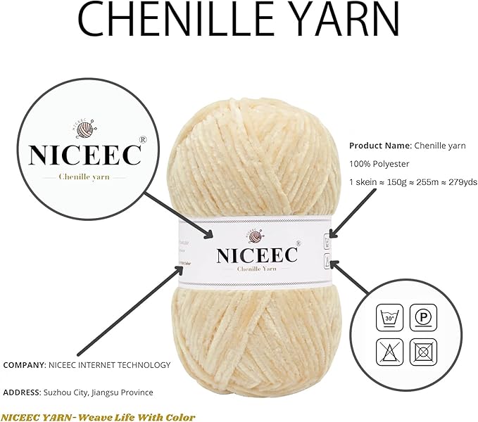 NICEEC 2 Skeins Soft Chenille Yarn Blanket Yarn for Knitting Fancy Yarn for Crochet Weaving DIY Craft Total Length 2×255m (2×279yds, 2×150g)_Khaki