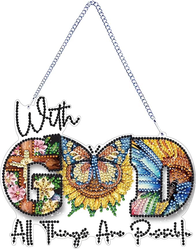 STGLCR DIY Butterfly Hanging Diamond Art Kit God, Acrylic Diamonds Painting Pendant Board Kit, 5D Gem Art Ornament Kit for Adults, Double Sided 7.8inch with God All Thing are Possible