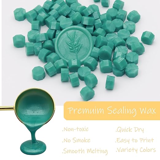 250pcs Wax Seal Beads Turquoise, Andotopee Premium Green Sealing Wax Beads for Stamp Seals, Octagon Seal Stamp Pellets Refill Pack for Wedding Invitation, Letter Envelope, Scrapbook DIY Crafts