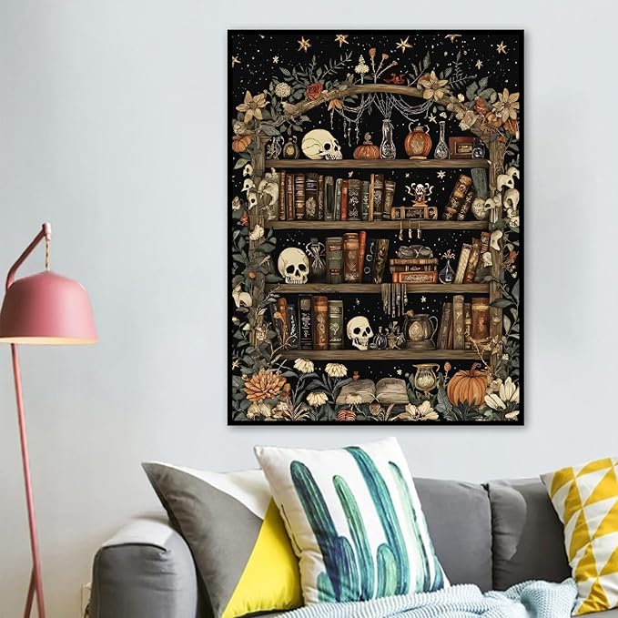 askkqtx Skull Diamond Art Kits for Adults, Goth Skull Bookshelf Diamond Painting Kits for Beginners, Full Drill Crystal Rhinestone Gem Diamond Art Kits Craft for Home Wall Decor 12X16 Inch