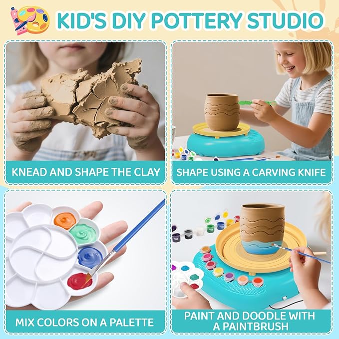 Pottery Wheel for Kids, Arts & Crafts Pottery Painting Toys Kit for Kids Ages 8-12, Art Supplies with 3 Pack Air Dry Clay and Clay Tools, Birthday Easter Gift for Girls Boys 6 7 8 9 10 11 12
