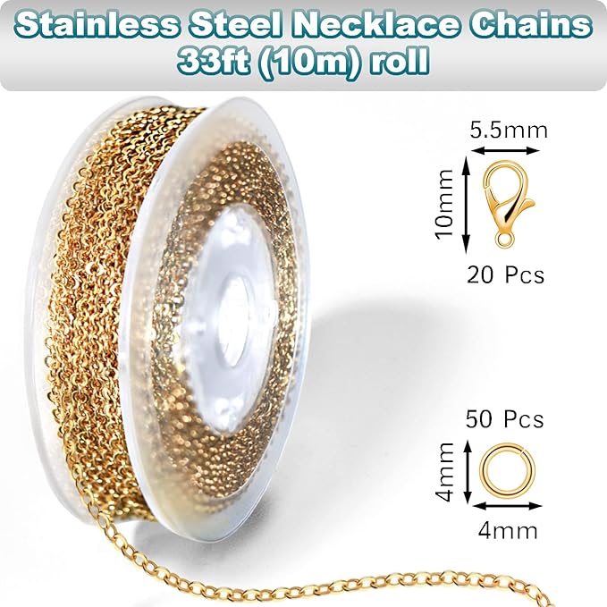 jishi 33ft stainless steel gold plated chain for jewelry making supplies - 2mm 18k gold plated non tarnish - 33ft roll with lobster clasps, jump rings - gold