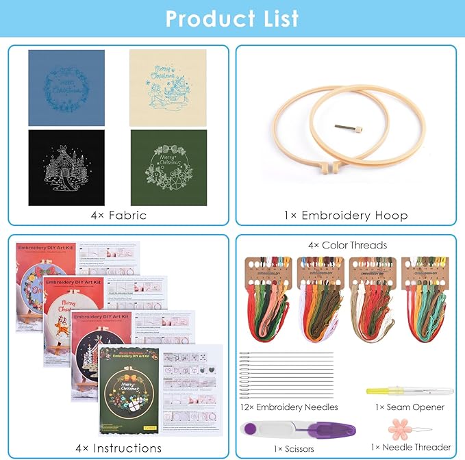 ERKOON 4 Sets Embroidery Kit for Beginners, Christmas Cross Stitch Set with Easy Pattern Embroidery Cloth Hoops Threads for Craft Lover Hand Stitch