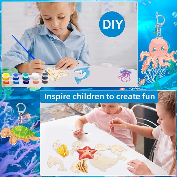 JHGCVX 30 Pieces Sea Life Painting Craft Kits，DIY Wooden Coloring Keychain for Christmas Gifts Ocean Theme Birthday Party Decorations Supplies