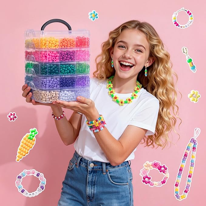 Simetufy 6000Pcs Pony Beads, 30 Colors 6x9MM Kandi Beads Bulk for Crafts Bracelet Making Hair Braiding Jewelry Key Chains DIY Crafts Christmas Gifts (3.44lb, Stack Box)