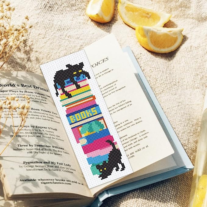 ORIGACH 6 Set Reading Animals & Book Stacks Cross Stitch Bookmark Kit for Beginner with Backing Felt Floss Instructions DIY Stamped Embroidery Bookmark Kit for Adults, Book Lovers