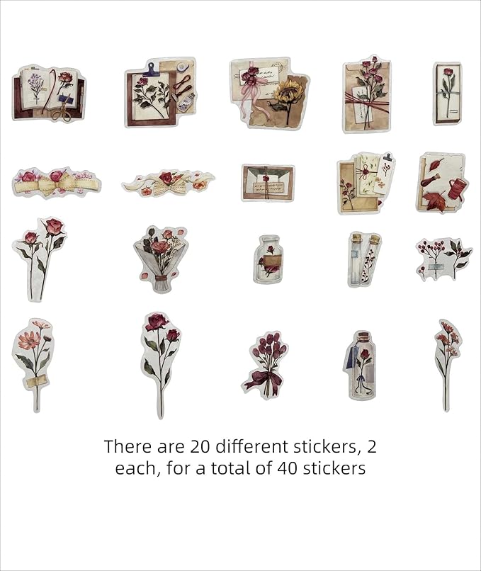 Vintage Pink Rose Scrapbook Stickers, 40Pcs Decorative Retro Adhesive Watercolor Aesthetic for Craft Art Bullet Junk Journal DIY Paper Planner Notebook Collage Album