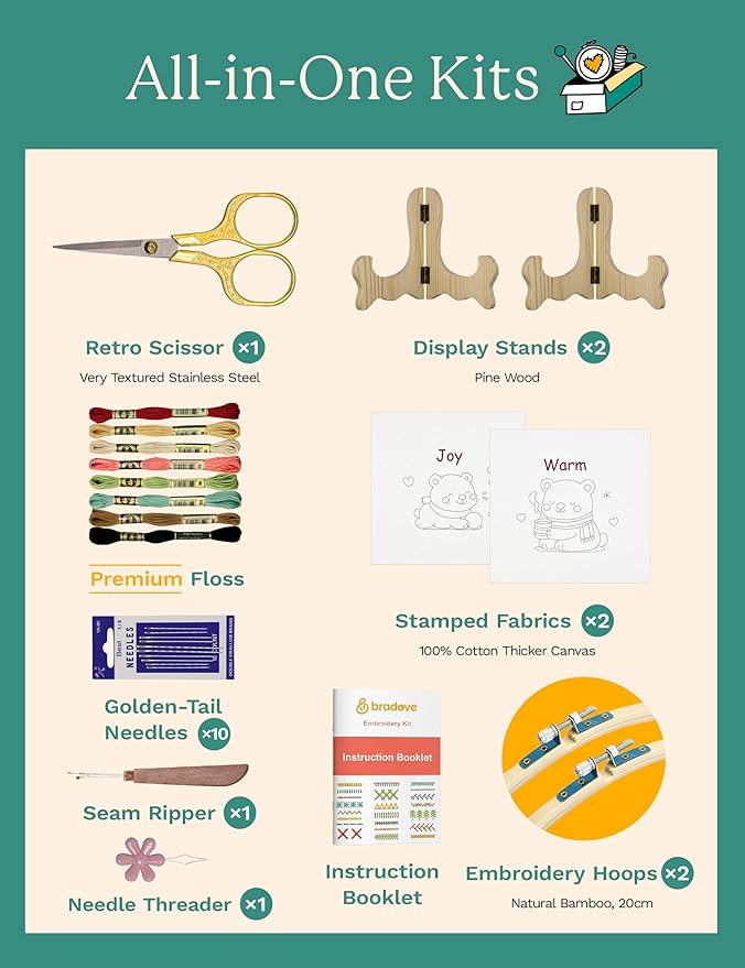 bradove embroidery kit for kids and adults, bears embroidery kit for beginners, easy needlepoint starter kit with 2 display stands
