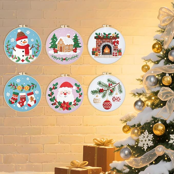 ORIGACH 6 Pcs Christmas Embroidery Kit for Beginners, Stamped Design Embroidery Starter Kit Includes Cloth, Hoops, Threads & Needles