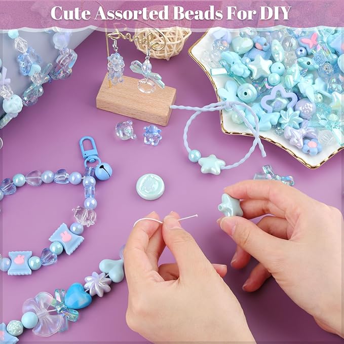 200-260pcs tinkrstuff assorted blue acrylic beads for bracelet making, cute beads for jewelry making flower bow butterfly candy gummybear aesthetic bracelet charms, diy necklace keychain phone charm