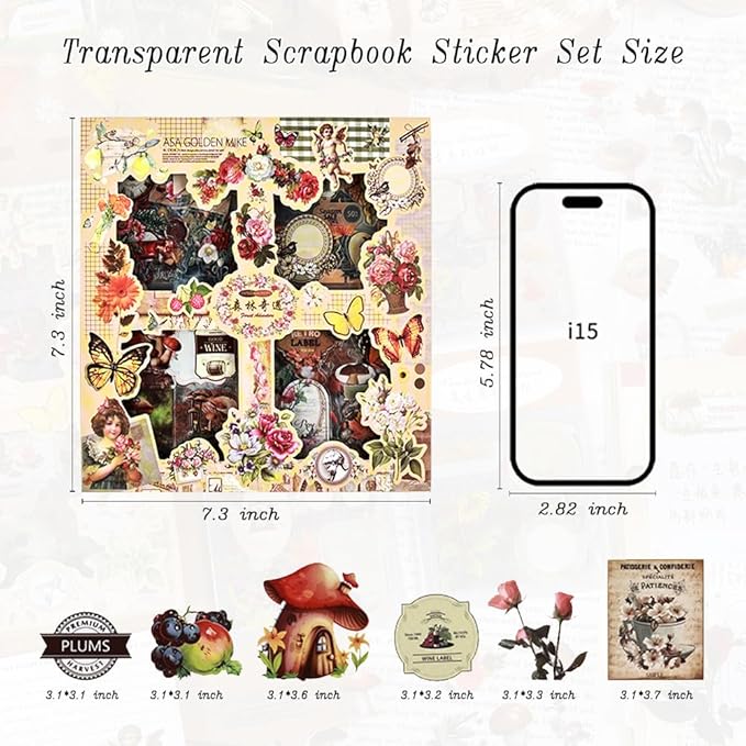 510PCS Scrapbook Kits for Adults, Vintage Aesthetic Journaling Stickers Ephemera for Junk Journal Supplies, 100 Sheets Diecut PET Scarpbook Stickers for Scrap Booking Supples, Bujo, DIY Crats Ars