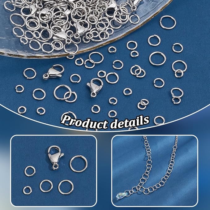 PH PandaHall 640pcs 304 Stainless Steel Jump Rings with 20pcs 12x7.5mm Lobster Claw Clasps Kit, 4/5/6/7/8mm Open Jump Rings Jewelry Clasps and Closures for Earrings Necklace Pendants Jewelry Making