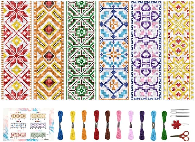 BEUNITONE 6 Pcs Vintage Cross Stitch Bookmark Kits for Beginner with Backing Felt Floss Instructions, Handmade Bookmarks DIY Stamped Craft Embroidery Kits for Adults, Book Lovers 8.5''x3''