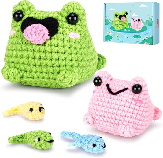 Crochet Kit for Beginners - Frog Family Crochet Kits with Step-by-Step Video Tutorials, Beginner Crochet Kit for Adults, 2 PCS Frogs and 3 PCS Tadpoles Crocheting Set