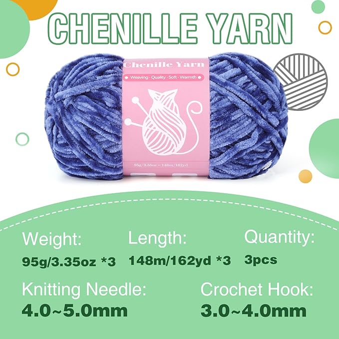 LUNARM Chenille Velvet Yarn for Crocheting & Knitting, Soft Yarn for Making Blankets, Clothes & More - 3 * 3.35oz, 3 * 162yds (Denim Blue)