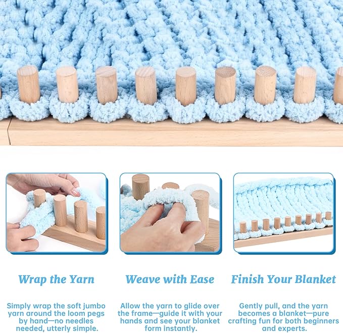 cenoz 61" Beechwood Chunky Knitting Blanket Loom Kit - Adjustable Size Hand Knitting Loom for DIY Throw Chunky Yarn Blankets Scarves Rugs, No Needles Required, Blanket Loom Gift for Beginners Starter