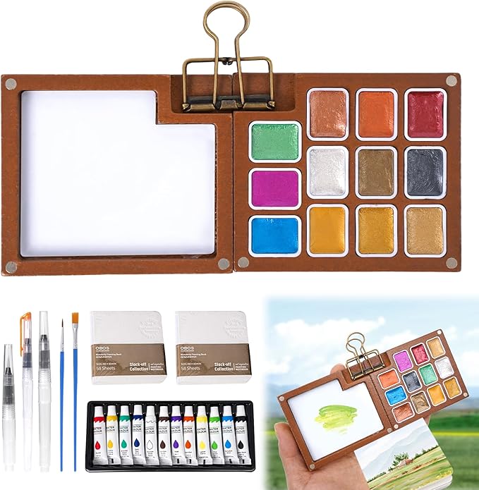 Mini Watercolor Travel Set – 24-Color Watercolor Paint Kit with 12 Special & 12 Standard Pigments, 12-Well Removable Wooden Palette, 5 Brushes & 2 Sketchbooks – Portable Art Kit for Beginners, Students & Artists