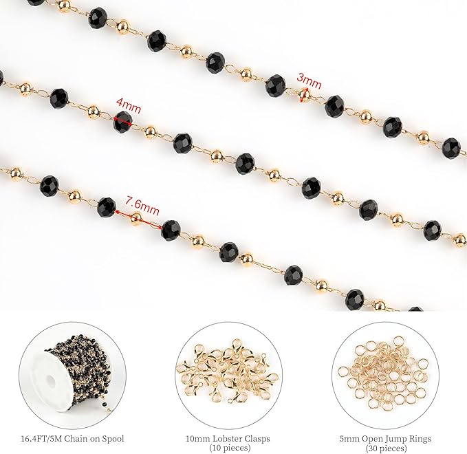 KYUNHOO 16.4 Feet Black Beaded Chain for Jewelry Making Gold Plated Brass Rosary Chain on Spool with Lobster Claps and Jump Rings for Women Necklace Bracelet Craft DIY
