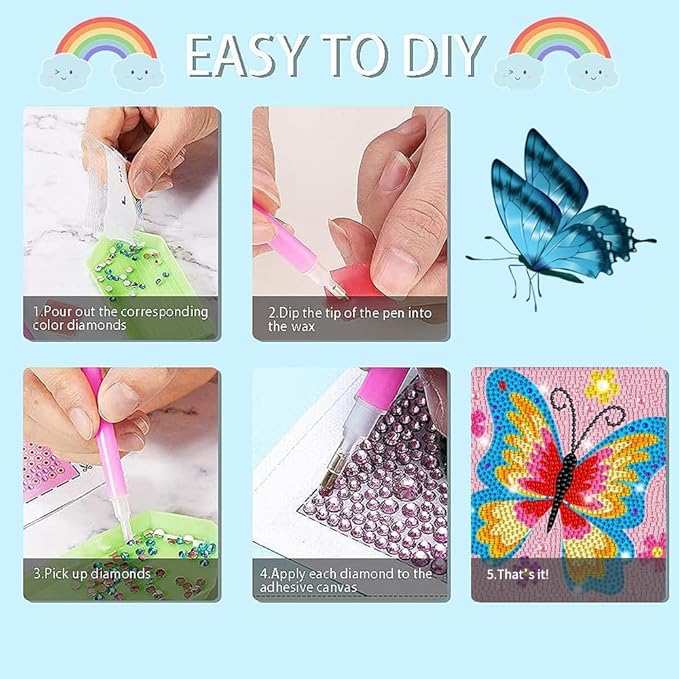 PERFECTSIGHT Cute 5D Diamond Art Kits with Wooden Frame, Kawaii DIY Painting Art for Adults Teen, Diamond Arts and Crafts Sets, Big Gem Full Drill Diamond Dots for Women Beginners (Pink Butterfly)