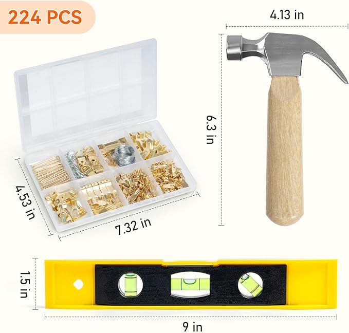 Picture Hanging Kit, 224pcs Hanging Hardware with Hooks, Wire, Nails, D Rings, Photo Sawtooth Hangers, Ring Hooks, Wall Art Frame Hanging Kit with Yellow Magnetic Level and Small Claw Hammer