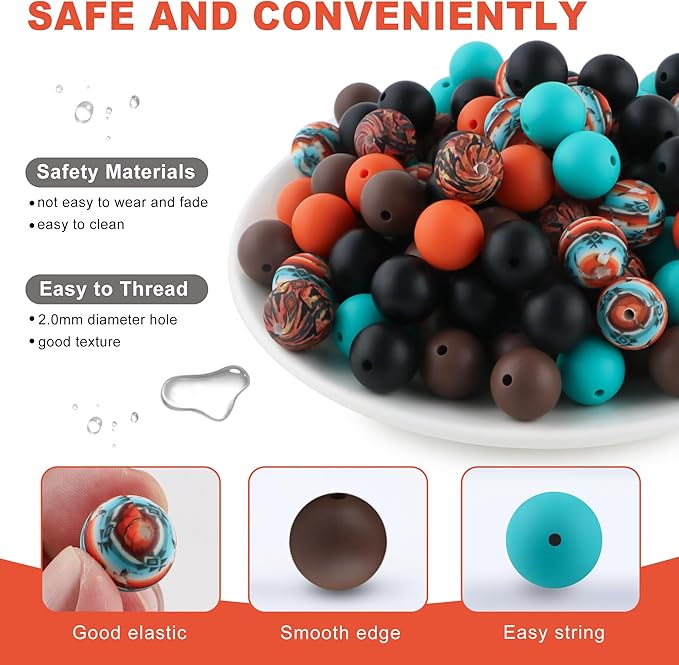 150Pcs Mixed Color 15mm Silicone Beads for Keychain Making, Turquoise Orange Black Print Silicone Beads for Pens and Bracelet Jewelry Making