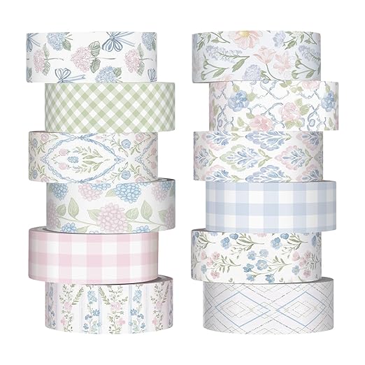 12 Rolls Watercolor Floral Washi Tape Set 15 mm Vintage Flower Decorative Masking Tape for Spring Arts DIY Craft Scrapbook Journal Supplies Gift Wrapping(Pink and Blue,Flowers)