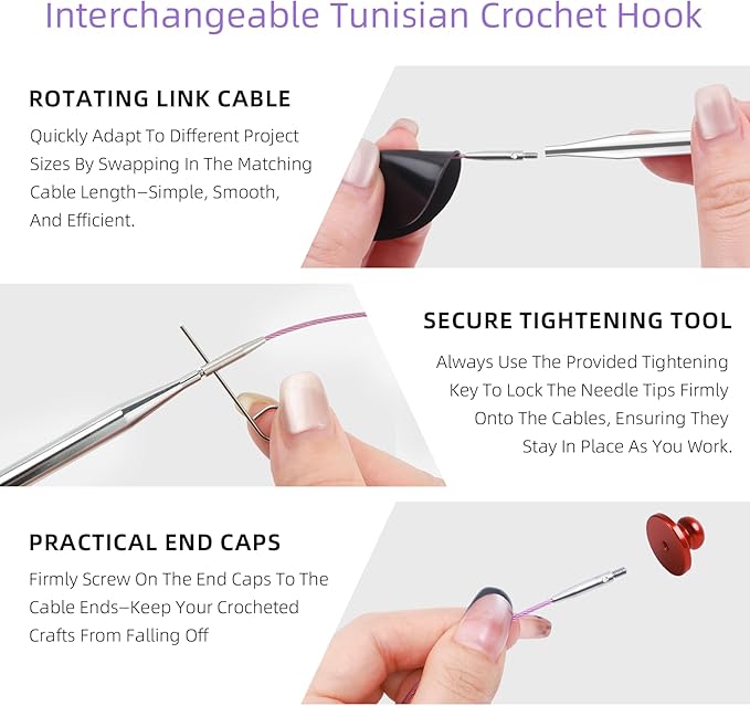 AIYUNDI Tunisian Crochet Hooks Set with Cable, 6-Inch Aluminum Interchangeable Crochet Hooks 3mm-10mm, Long Crochet Hooks, Lightweight, Anti-Twist Swivel Cables, Ergonomic, Multicolor 26 PCS
