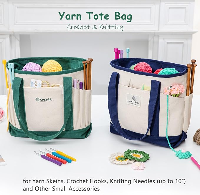 Canvas Yarn Storage Organizer Bag Washable Crochet Bag with Pockets for Yarn, Hooks, Needles – Travel Knitting Tote for Crafters – Gift for Crocheters & Knitters (Medium/Large)