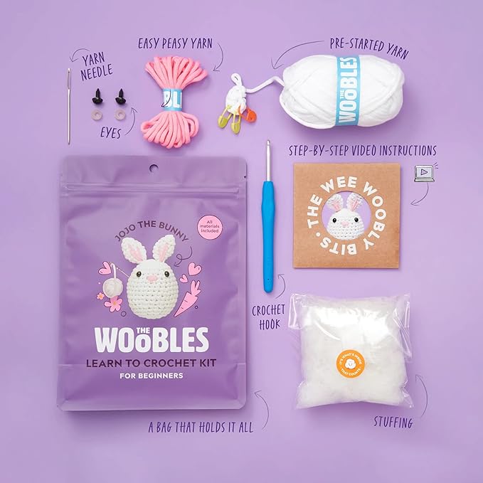 the woobles crochet kit for beginners - easy arts and crafts knitting & crochet animals kit as seen on shark tank - jojo the bunny