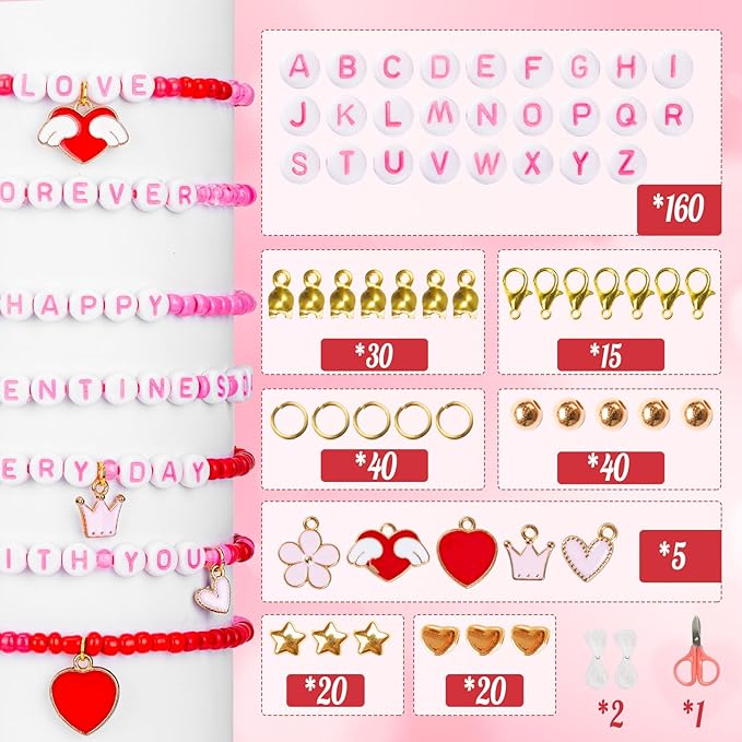 Goldwise Valentine’s Day Friendship Bracelet Kit for Adults – Pink Glass Seed Beads, 6 Unique Styles, Letter Beads and Charms, Romantic Jewelry Gift for Couples