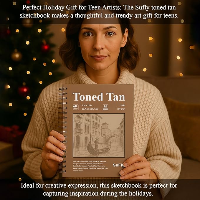 sufly toned tan sketchbook 9x12 inches, 60 sheets - 90lb/150gsm toned tan sketch paper for mixed media, charcoal, graphite, colored pencils & white gel pens, 100% recycled, wire-o bound.