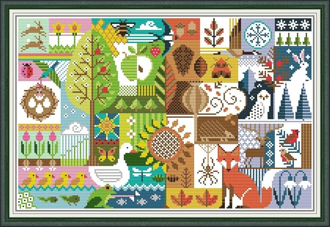 Meecaa Cross Stitch Kits 14 Count Stamped, Tree Bird Animal Building Fox Seasons Embroidery Kit with Accessories Pre Printed (Four Seasons)