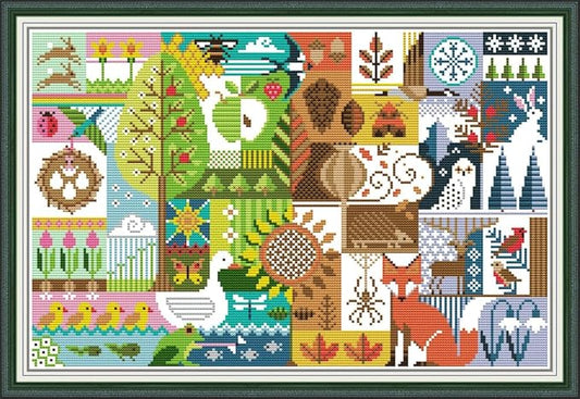 Meecaa Cross Stitch Kits 14 Count Stamped, Tree Bird Animal Building Fox Seasons Embroidery Kit with Accessories Pre Printed (Four Seasons)