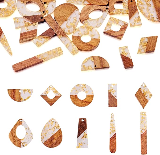 Beadthoven 20pcs/10 Pairs Resin Wood Charms DIY Bohemian Earrings Clear Gold Foil Resin Wood Pendants Gold Flakes Natural Wooden Pieces Tag Assorted Pendants for Fashion Jewelry Making Necklace