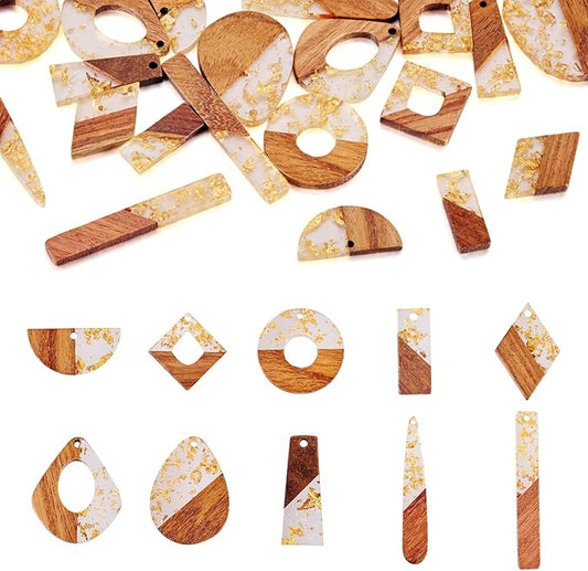 Beadthoven 20pcs/10 Pairs Resin Wood Charms DIY Bohemian Earrings Clear Gold Foil Resin Wood Pendants Gold Flakes Natural Wooden Pieces Tag Assorted Pendants for Fashion Jewelry Making Necklace