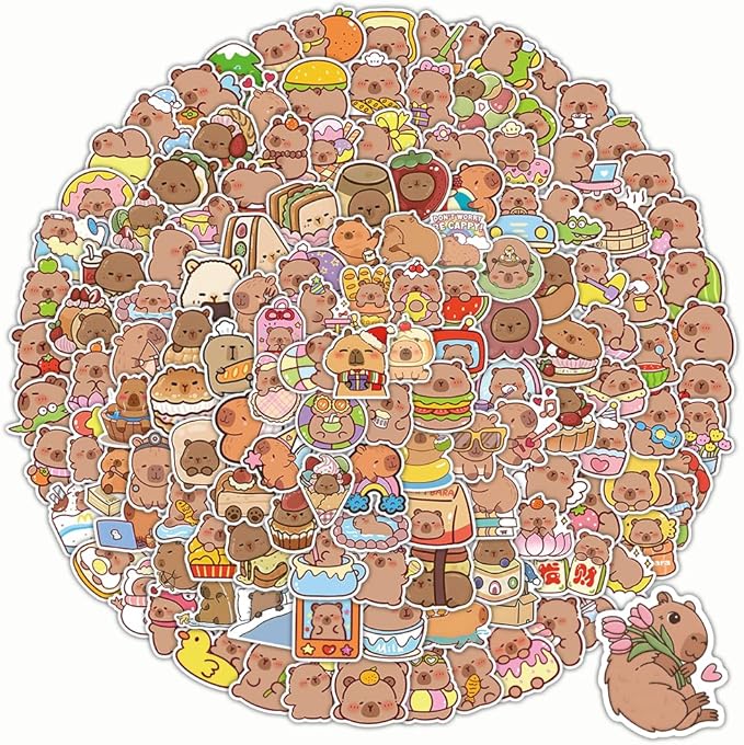 200pcs cute capybara stickers bluk.waterproof vinyl stickers pack for water bottle laptop skateboard scrapbooking.animal decals stickers party favors for kids girls adults teens