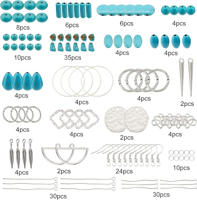 SUNNYCLUE 1 Box DIY 10 Pairs Turquoise Beads Earring Making Kit 8 Shapes Turquoise Beads Charms Hammered Feather Heart Pendants & Earring Hooks for Jewelry Craft Supplies Adults Women