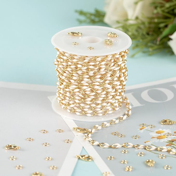 White Enamel Cable Chain Customize Necklace DIY Jewelry Chain Roll, 2 Meters Gold Plated Brass Chain with Jump Rings and Lobster Clasps