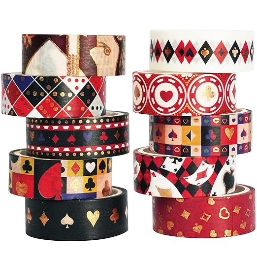 Poker Washi Tape Set 10 Rolls Playing Cards Patterns Gold Decorative Tapes for Journals, Planners, Scrapbooking, Gift Wrapping, DIY Crafts (Poker)